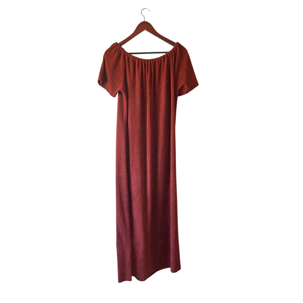 Vintage 70s Terry Cloth Rust Orange Keyhole Maxi Dress Boho Cottagecore Large - Picture 3 of 4